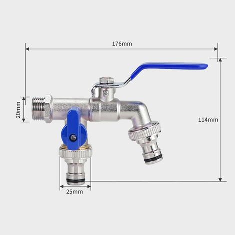 Rubinetto doppio da giardino per esterni, attacco da 1/2 pollice con 2 connettori per tubo flessibile, rubinetto da esterno in ottone, blu cromato (1/3)
