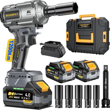 Cordless Impact Wrench 1200N.m, Brushless Impact Nutrunner 21V, 2 x 4.0Ah Battery, Impact Wrench 3 Speed, 1/2 Inch, Complete Set for Car and DIY (1/5)