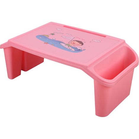 Bureau de lit rose pour ordinateur portable, design minimaliste avec rangement intégré et bords arrondis, idéal pour les étudiants et l'école à la maison. (1/5)