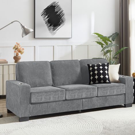 Divano a 3 posti con portabicchieri integrati, ampi braccioli, tessuto a coste, design moderno per soggiorno - grigio (1/5)