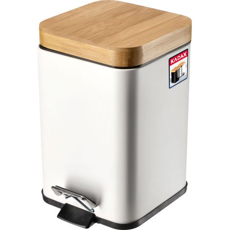 KADAX Poubelle de Salle de Bain en Acier avec Couvercle en Bambou, Pédale et Seau Interne Amovible, Petite Poubelle Pratique et Hygiénique (3L, Blanc) (1/5)
