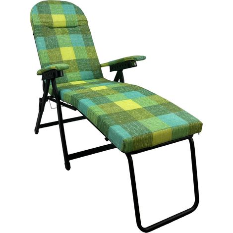 Poltrona Sdraio da Giardino con Poggiapiedi Barbara Sdraio Reclinabile Regolabile  Cuscino Imbottito 7 cm Braccioli Relax per Interno o Esterno  VERDE QUADRI