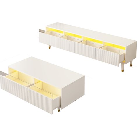 Modernes LED-Wohnzimmer-Set: TV-Möbel 4 Türen & Couchtisch 2 Schubladen, Weiß/Gold, MDF (1/5)