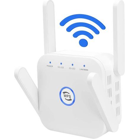 WiFi Extender Signal Booster, 1200Mbps Wireless Internet Amplifier, 2.4G & 5GHz Dual Band WiFi Extender, 4 Antennas Full Coverage with Ethernet Port & WPS, Ap Repeater Mode (White) (1/5)