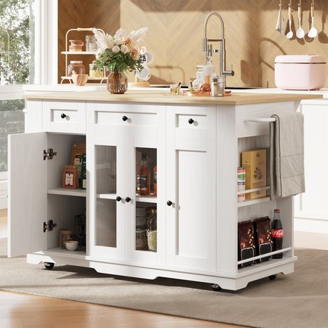 Kitchen Island with Removable Partitions, 151.5x60x91.7cm Kitchen Cabinet, Dining Trolley with Worktop & Wood Grain Finish Sideboard, Tempered Glass Cabinet, White (1/5)