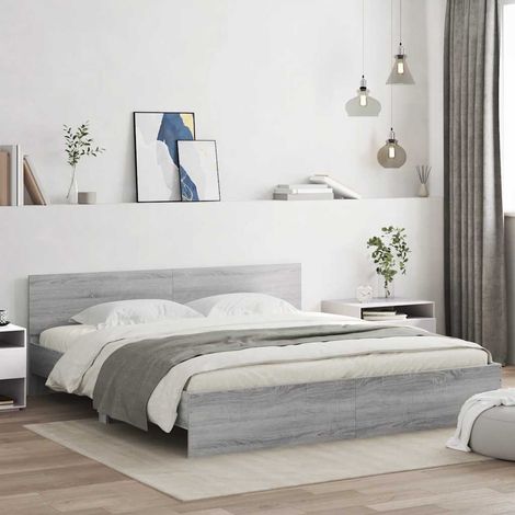 Estructura de cama cabecero y luces LED gris Sonoma 200x200 cm (1/5)