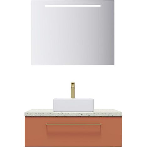 Meuble de salle de bain suspendu vasque à poser 90cm 1 tiroir Terracotta + miroir - Glasgow (1/5)