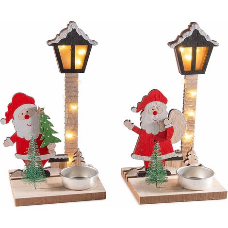 Decorazioni natalizie in legno con portatealight, Babbo Natale e luci LED, set da 6 pezzi, cm 10,5 x 9 x 18,5 H