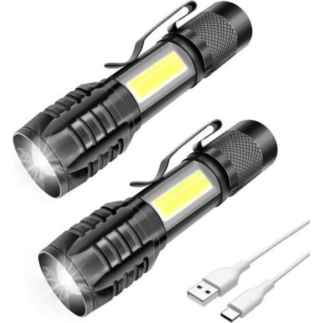 Lot de 2 lampes de poche LED rechargeables, puissantes professionnelles, 3 modes zoomables, COB petite poche à LED avec aimant, IP5 étanche pour camping militaire, randonnée, 1000 mAh, 2 PZ (1/5)