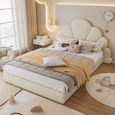 Lit double pour enfant 140 x 200 cm, tête de lit ornée de pétales incurvés, velours, beige (1/5)