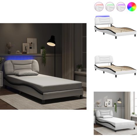 Cadre de lit avec LED sans matelas blanc et noir 100x200 cm - Lit Plateforme - Lit Design - Cadre Lit - Tête De Lit Rembourrée - Éclairage Led (1/5)