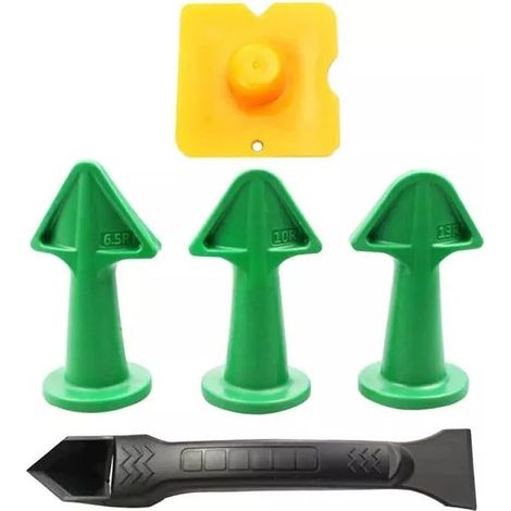 Ensemble d'outils manuels 5 pièces comprenant un applicateur de calfeutrage, une spatule, une pelle et un embout pour colle plastique, ainsi qu'un dissolvant pour silicone pour carrelage, brique et so