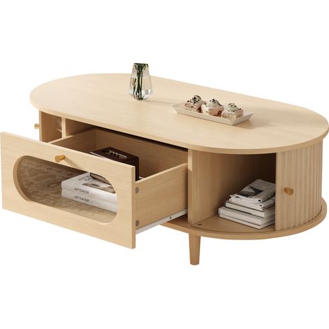 Table basse de salon 100 x 50 x 36 cm, couleur bois. Table basse avec un tiroir, table de canapé avec porte à rouleau, table d’appoint, table de salon avec 4 pieds de support (1/5)