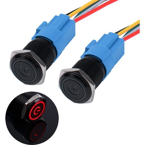Lot de 2 boutons pression Momentane étanches de 16 mm 12 V à 24 V 3 A avec éclairage LED Boîtier en métal noir pré-câblé pour voiture DIY voiture moto (rouge) (1/5)