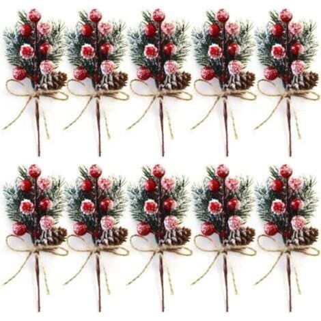Set of 10 Red Christmas Berry Stems, 20cm - Small Artificial Christmas Picks and Sprays with Pine Cones, Holly, Christmas Berries, Flower Decorations for Christmas Wreaths