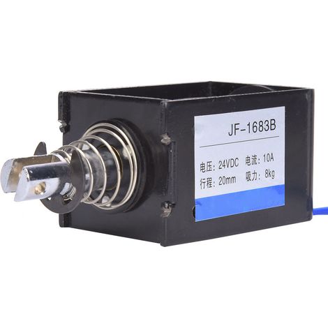 Électroaimant CC à poussée-traction traversante JF-1683B : force d'aspiration de 78,4 N, 24 V CC, course de 20 mm. (1/5)