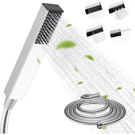 Pommeau de douche 4 types de jet en acier inoxydable avec tuyau de 1,5 m, chromé (1/5)