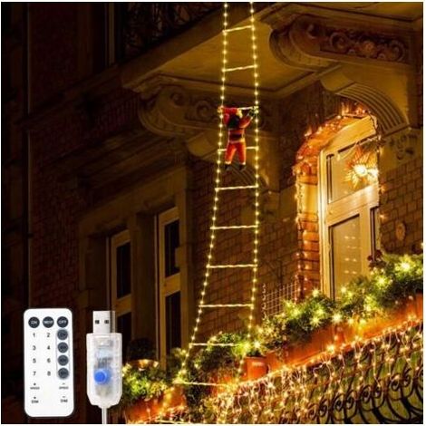 Guirlande lumineuse LED Père Noël de 3 m avec échelle d'escalade, décoration de Noël avec télécommande et variateur d'intensité sur 8 niveaux, décoration de sapin de Noël. (1/5)