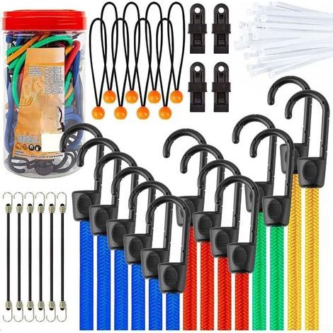 Lot de 30 cordons élastiques en caoutchouc avec clips en plastique et sangles à billes pour moto, vélo et utilisation en extérieur (30 pièces) (1/5)