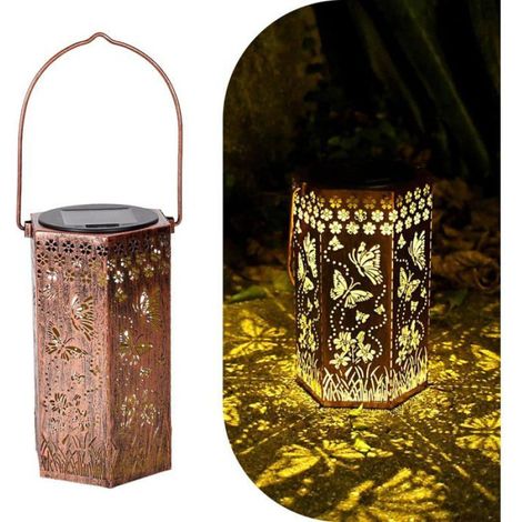 Lanterne Solaire Papillons - Métal Cuivre Doré - Étanche IP44 - Pour Jardin Terrasse Balcon - 1 Pièce (1/5)