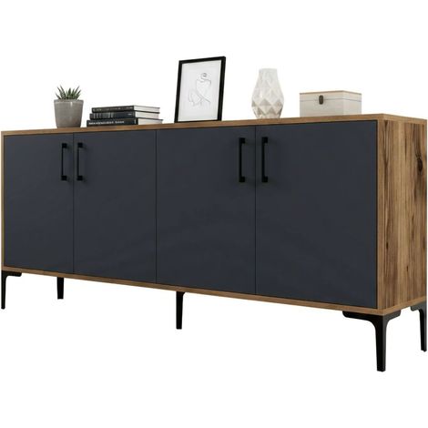 Dmora - Credenza Agape, Buffet da soggiorno, Madia da salotto, Dispensa da cucina, 180x35h78 cm, Noce e Antracite