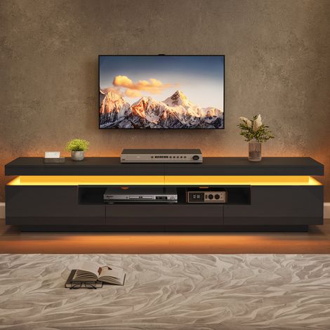 Meuble TV LED 175x38x45 cm pour TV 75 pouces, 2 portes en L, 1 tiroir, rangement semi-ouvert, finition brillante noire (1/5)
