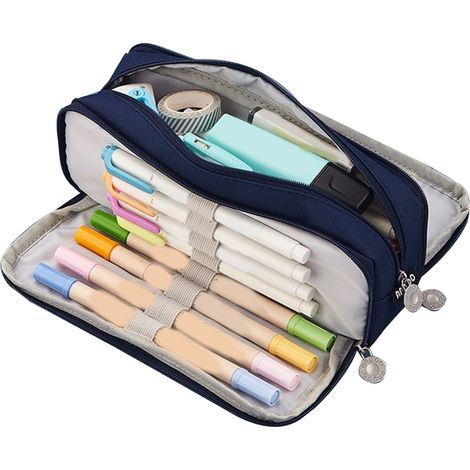 Trousse à crayons 3 compartiments grande capacité double ouverture toile souple anti-poussière fermeture éclair étui pour étudiants bleu marine (1/5)
