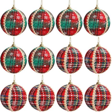 Vous Boule de Noel (Lot de 12) - Boules de Noel Vertes et Rouges en Tartan de 8 cm avec Ficelle - Boules de Sapin de Noël pour Décoration de Noel Intérieure et Suspension Sapin de Noel (1/4)