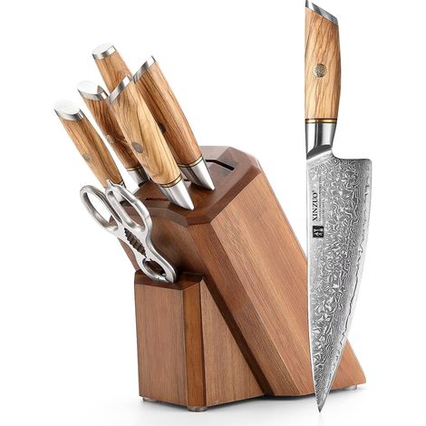 8-Piece Knife Set - 73 Layers Damascus Powder Steel Professional Chef Knife Set - Olive Wood Handle - Knife Block Kitchen Scissors and Steel Sharpening Gun (1/5)