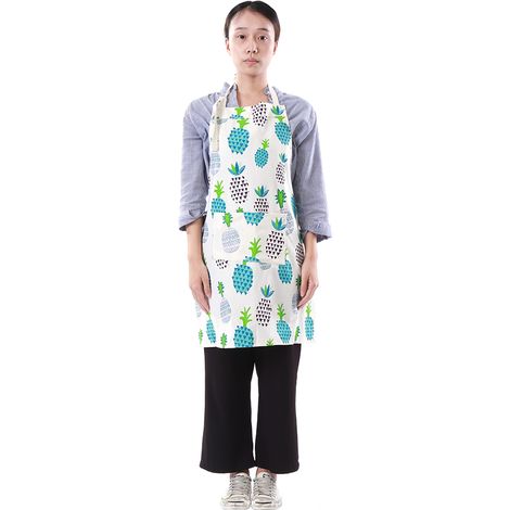 Tablier De Cuisine En Coton Et Lin - Motif Ananas Bleu - Avec Poche Et Col Réglable - Pour Cuisine Et Nettoyage - 1 Pièce (1/5)
