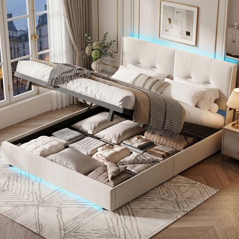 Lit coffre 140x200 cm Lit double Lit avec tête de lit et sommier à lattes éclairage LED réglable Lit rembourré tissu de velours - Beige