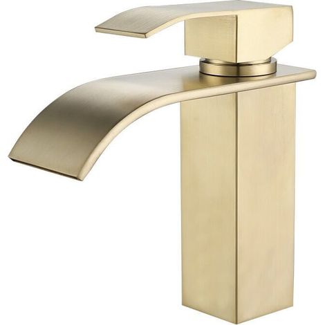 Online Store Robinet de Lavabo Cascade pour Salle de Bain, Mitigeur de Lavabo Vasque Robinetterie Cascade avec Bec Grand en Acier Inox, Or Brossé (1/4)