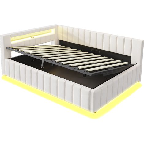 Letto imbottito 140x200 cm con contenitore idraulico, LED e USB, velluto beige MODENUIT (1/5)