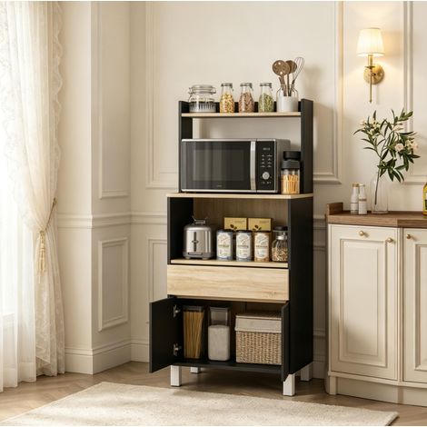 OKWISH Mikrowellenschrank Schwarz und Eiche 60 x 40 x 131 cm mit Schublade (1/5)