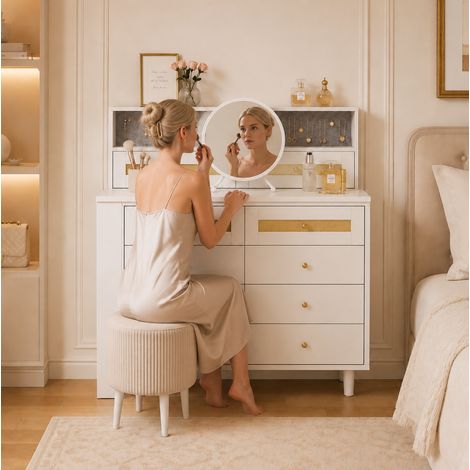 Tocador con espejo y joyero integrado, 10 cajones, tapa de vidrio templado y decoración trenzada, blanco, diseño 3 en 1 para dormitorio o vestidor  CHICFURN (1/5)