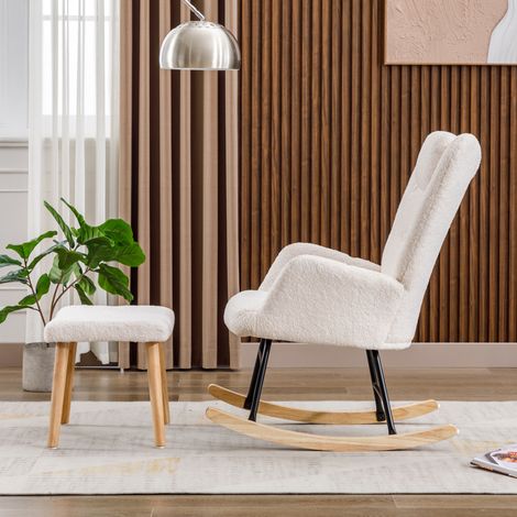Fauteuil à bascule blanc confortable en tissu bouclé doux, avec coussin cervical et repose-pieds - Résistance jusqu'à 100 kg (1/5)