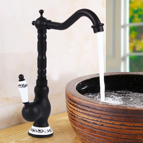 Mezclador monomando de baño, negro - Mezclador de fregadero de cobre lavable, vintage y duradero, giratorio 360°Mezclador de fregadero con 2 mangueras, negro