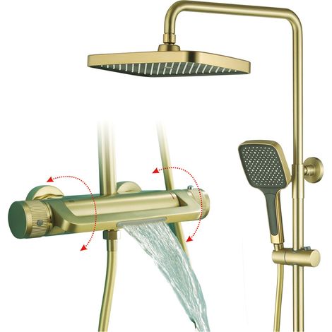 Colonna Doccia Termostatica, Ooro Spazzolato Sistema Doccia 3 Funzioni Kit Doccia Completo Altezza Regolabile Set Doccia con Soffione e Doccetta a 3 Modalità, Miscelatore Doccia Cascata (1/5)