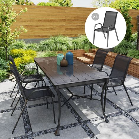 Set di 4 sedie da giardino impilabili con schienale alto e tessuto a rete traspirante, struttura in acciaio, 54 x 71 x 93 cm, nere.