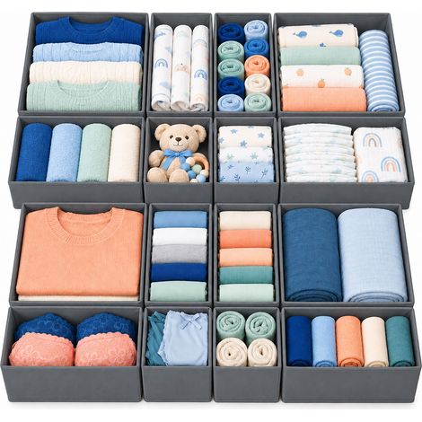Relaxdays sistema ordine cassetti, set 16 pz., per comò IKEA Hemnes, 3 misure, organizer fasciatoio, grigio (1/5)