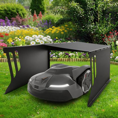 Garage pour Tondeuse à gazon Robot de Jardin Capot de protection solaire Robot de tonte Toit de pelouse Robot de jardin, 78x61x31 cm, Résistant aux Intempéries, UV, et Chocs, Noir