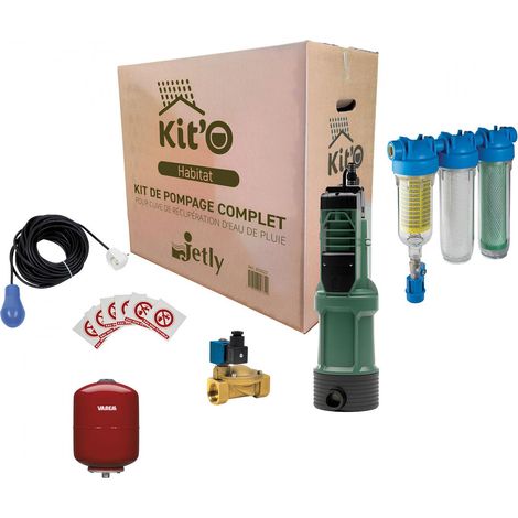 Jetly – Pompe immergée pour récupérateur d'eau de pluie – Débit 3,5m³/h – Pression 4,5 bars – Kit complet avec filtre triple et réservoir 5L (1/5)