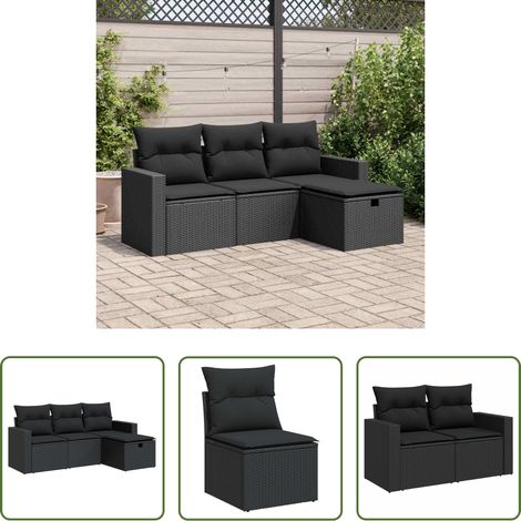 vidaXL Meubles extérieurs - Salon de jardin 4 pcs avec coussins noir résine tressée (1/5)