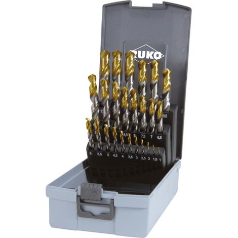 RUKO  juego  de  brocas  espirales  DIN  338  Tipo  N,  HSS-G  con  recubrimiento  de  punta  de  TiN  en  estuche  de  plástico  -  25  piezas  -  2501215TRO