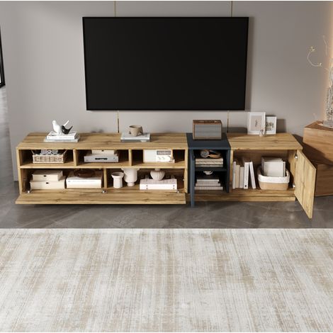 Mueble para TV de tablero de partículas negro y gris con acabado natural, 200.0x45.0x45.0 cm, con almacenaje y pasacables (1/5)