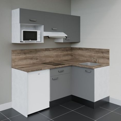 Kitchenette KA03 Gris - Plan de travail Bois - Crédence : Oui - Electroménager : Blanc (1/4)