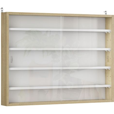 Bacheca Vetrina a Muro con 4 Ripiani Regolabili 80x9.5x60cm Bianco e Legno (1/5)