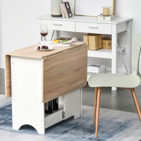 Console à abattants avec étagère intégrée, table basse de salon et de cuisine, table pliante à abattants, gain de place, coloris bois et blanc, 118 x 80 x 72 cm