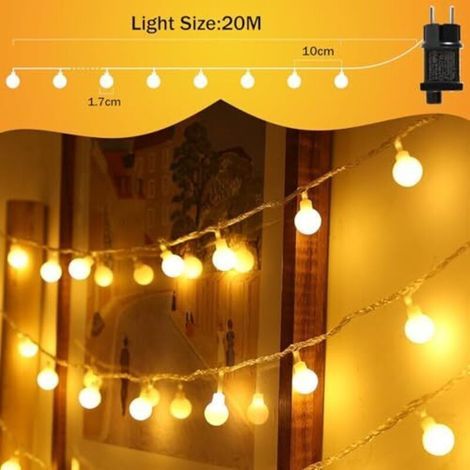 Guirlande lumineuse, 20 m, 150 LED, pour intérieur/extérieur, avec prise, guirlande décorative pour chambre d'enfant, balcon, jardin, sapin de Noël (blanc chaud) [Classe énergétique G (1/4)