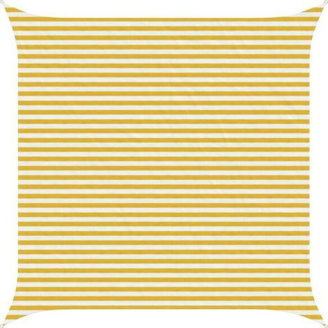 Voile d'ombrage à rayures jaunes et blanches, 4,5 x 4,5 mètres, en polyéthylène haute densité. (1/2)